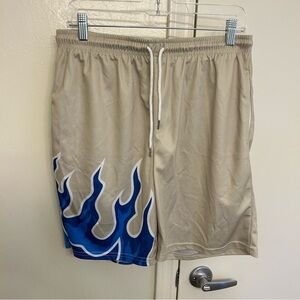 Men’s Beige Athletic Shorts with Blue Flame Design Lightweight Gym Size XL